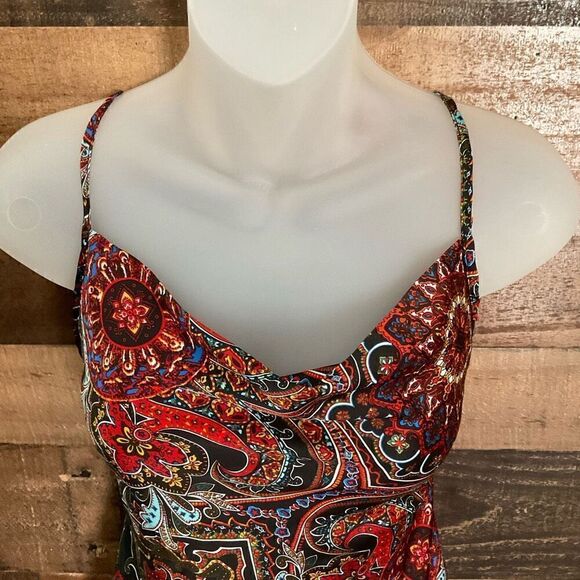 SHEIN Mini Dress Crisscross Tie Back Paisley Orange Red Black Multi Junior XS - Picture 7 of 9